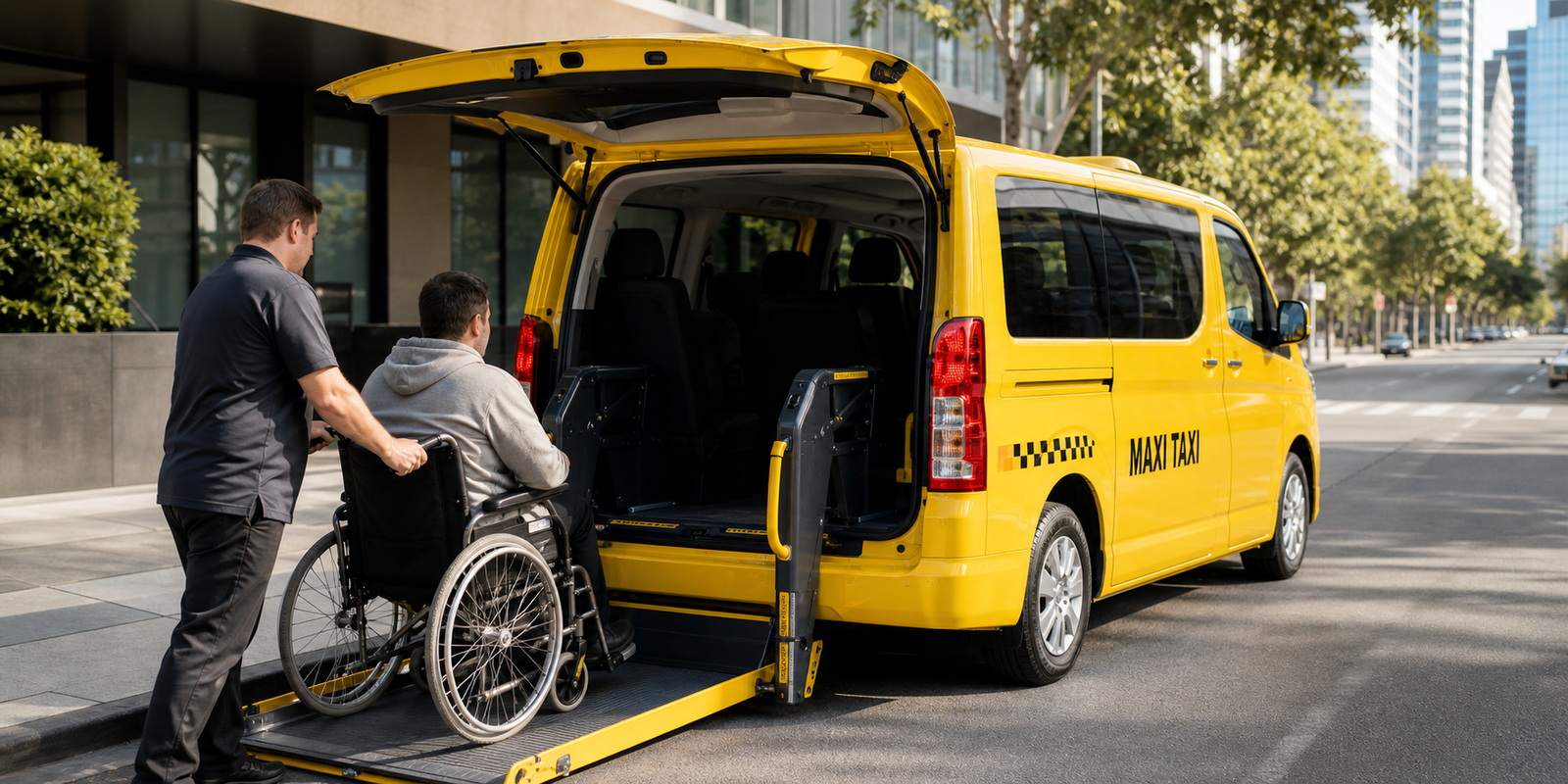 Wheelchair accessible maxi taxi with rear lift